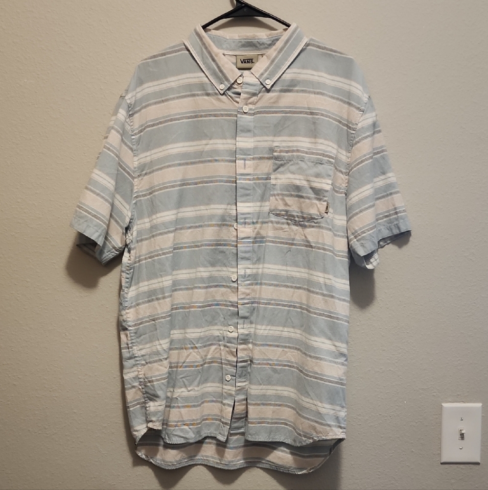 Vans Men's Casual Blue and White Striped Shirt